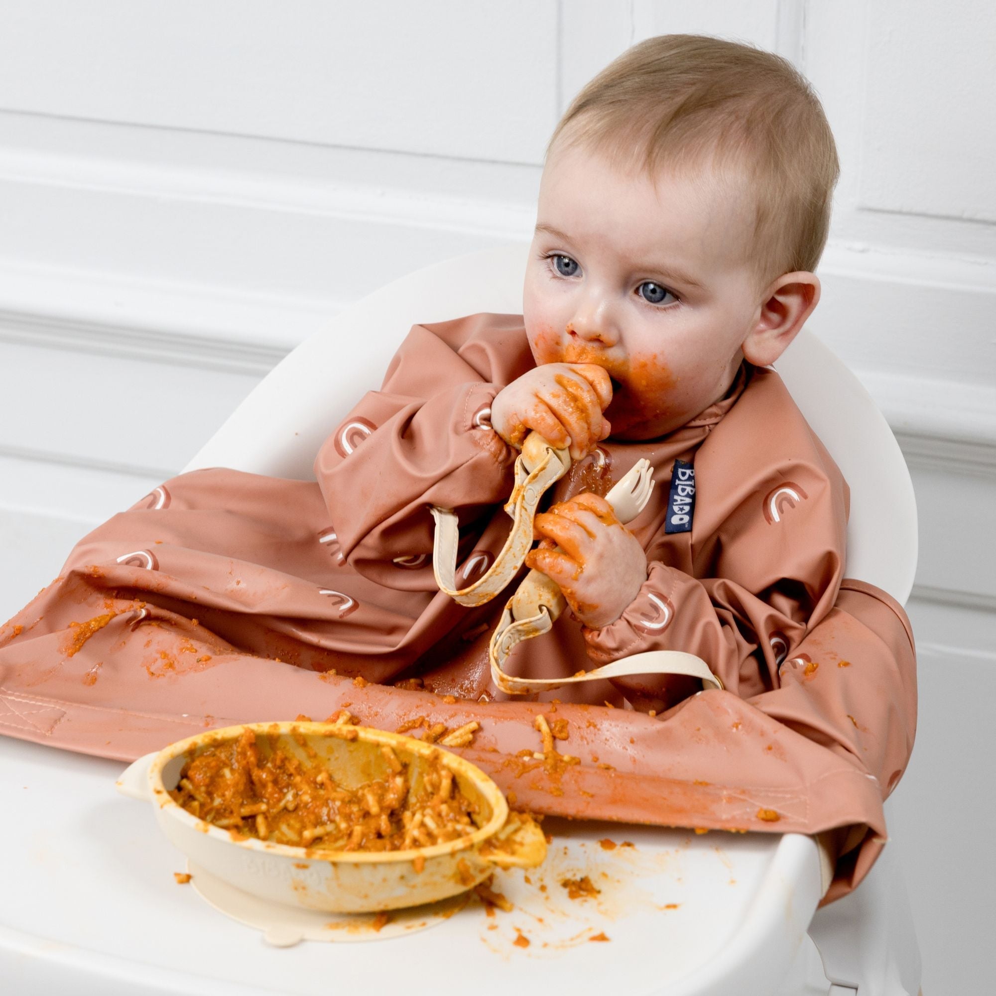 BiBaDo Stain & Water Proof Long Sleeve Coverall Shirt Weaning Bib Chasing Rainbows Print - Brown - For Infants - BIB503R