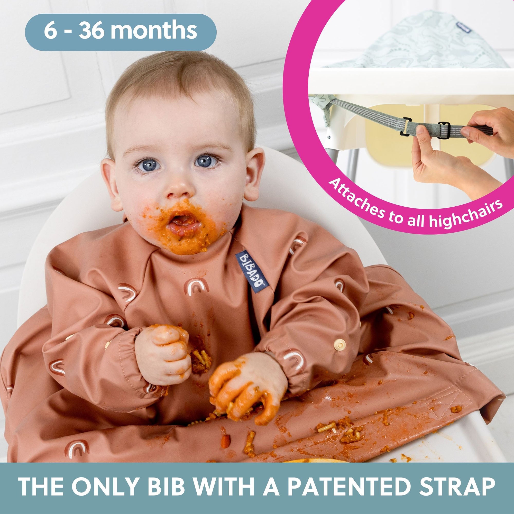 BiBaDo Stain & Water Proof Long Sleeve Coverall Shirt Weaning Bib Chasing Rainbows Print - Brown - For Infants - BIB503R