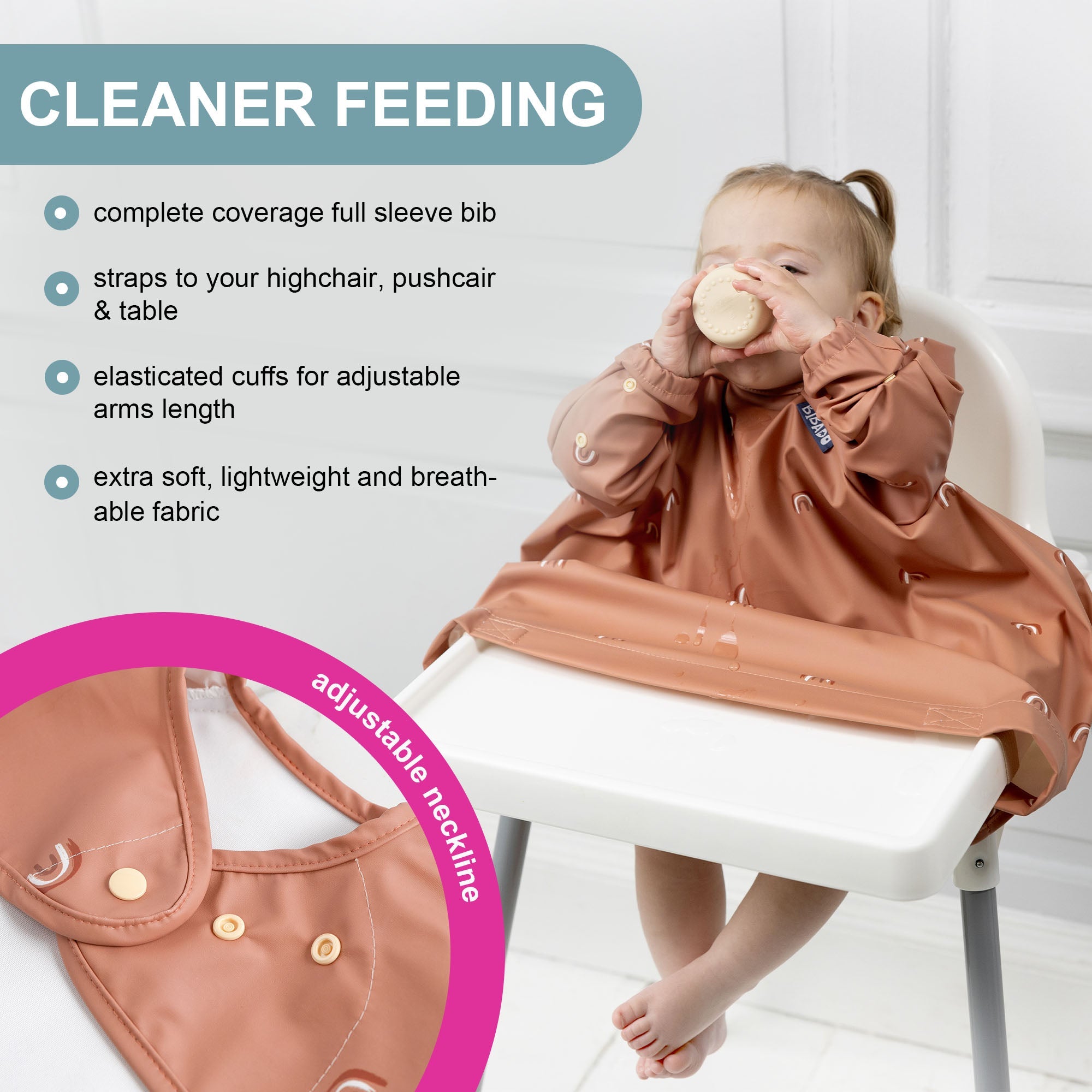 BiBaDo Stain & Water Proof Long Sleeve Coverall Shirt Weaning Bib Chasing Rainbows Print - Brown - For Infants - BIB503R