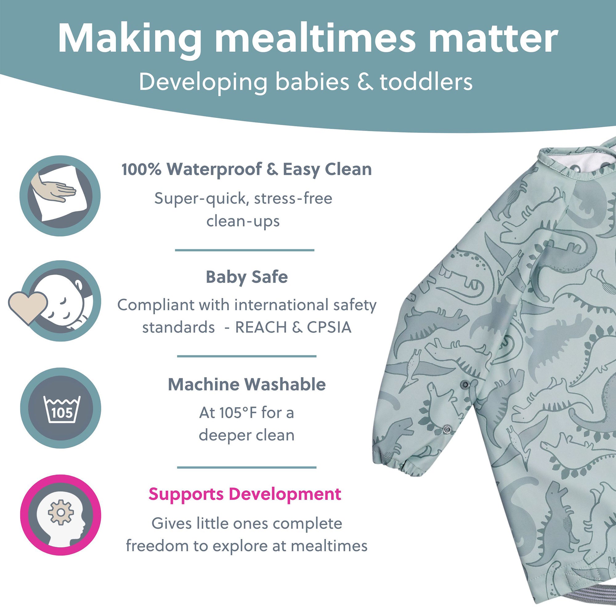 BiBaDo Stain & Water Proof Long Sleeve Coverall Shirt Weaning Bib Dino Roar Print - Grey - For Infants - BIB501R