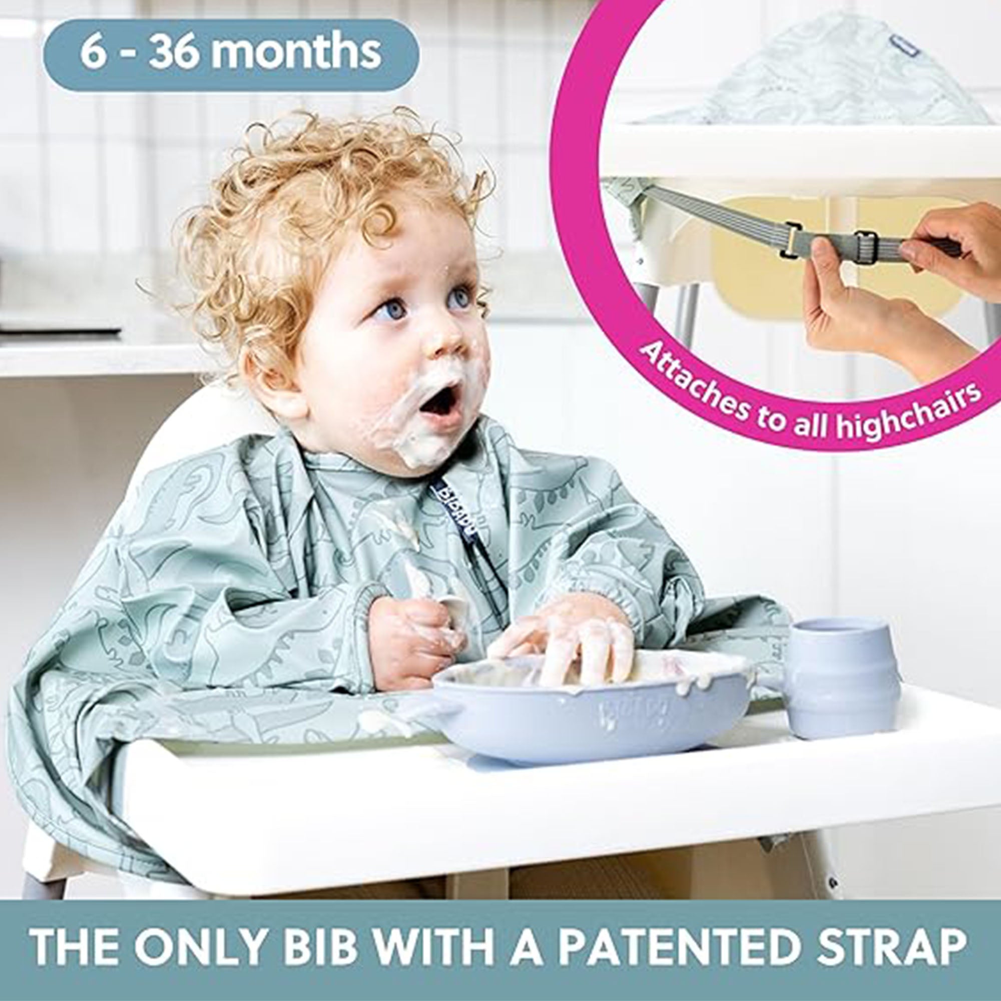 BiBaDo Stain & Water Proof Long Sleeve Coverall Shirt Weaning Bib Dino Roar Print - Grey - For Infants - BIB501R