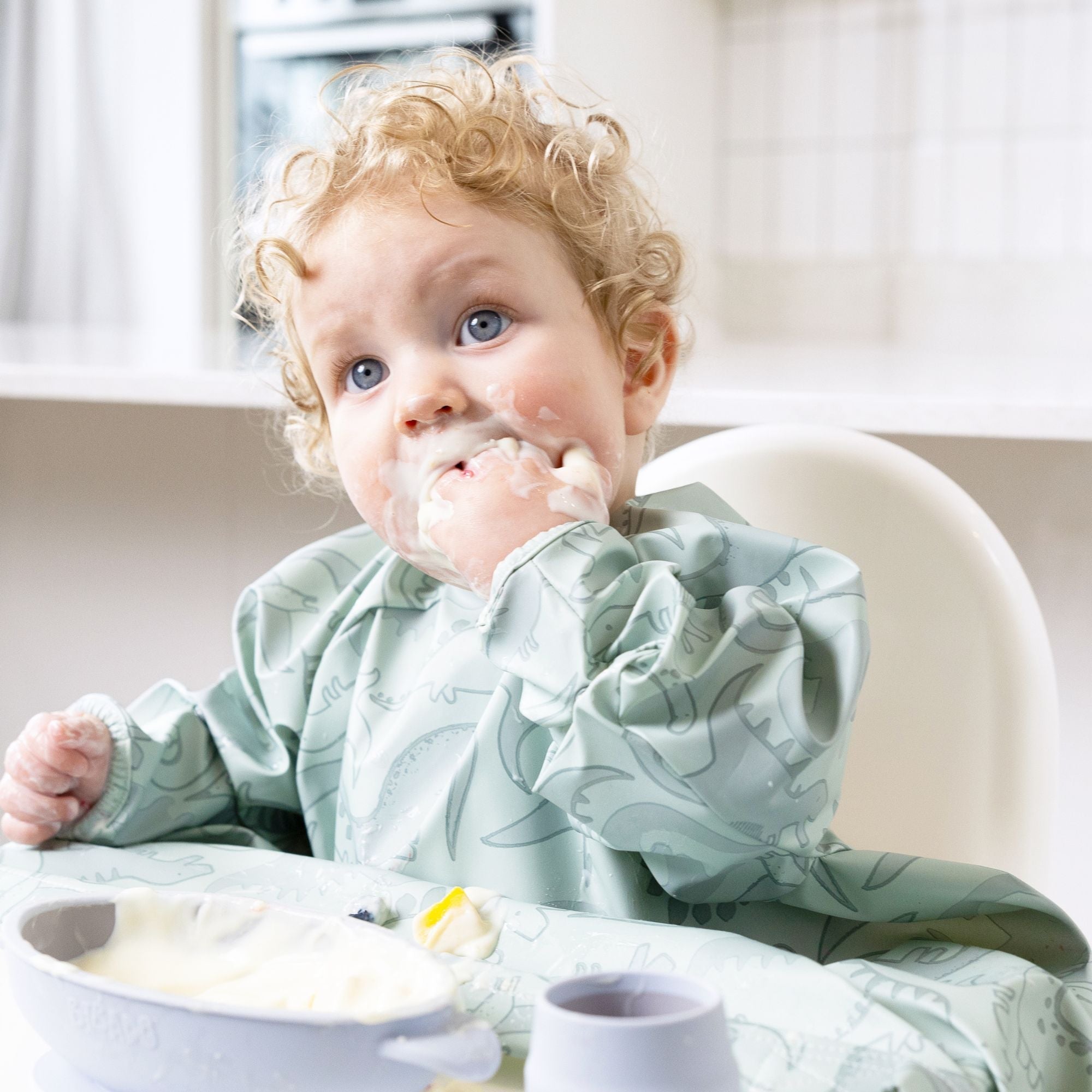 BiBaDo Stain & Water Proof Long Sleeve Coverall Shirt Weaning Bib Dino Roar Print - Grey - For Infants - BIB501R