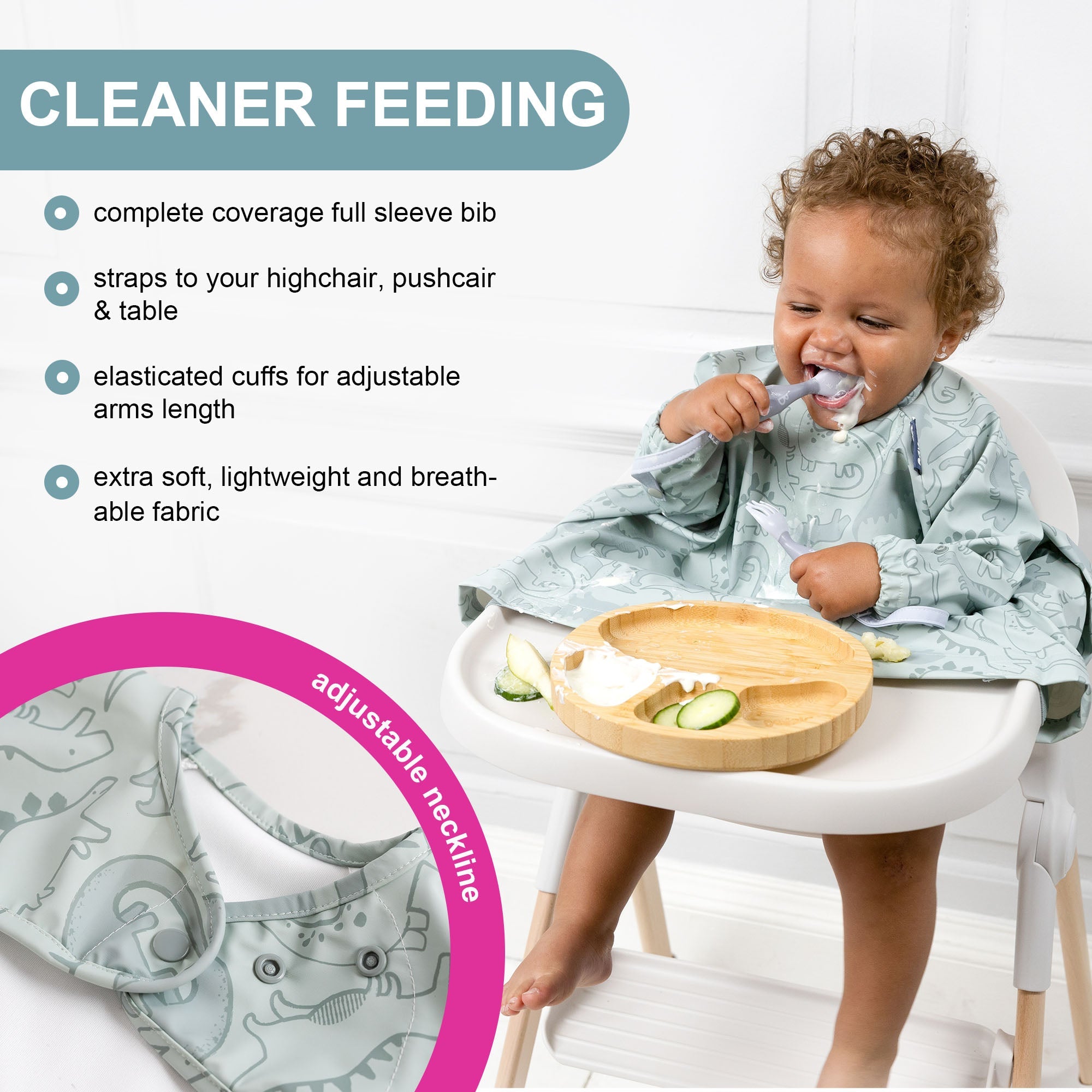BiBaDo Stain & Water Proof Long Sleeve Coverall Shirt Weaning Bib Dino Roar Print - Grey - For Infants - BIB501R