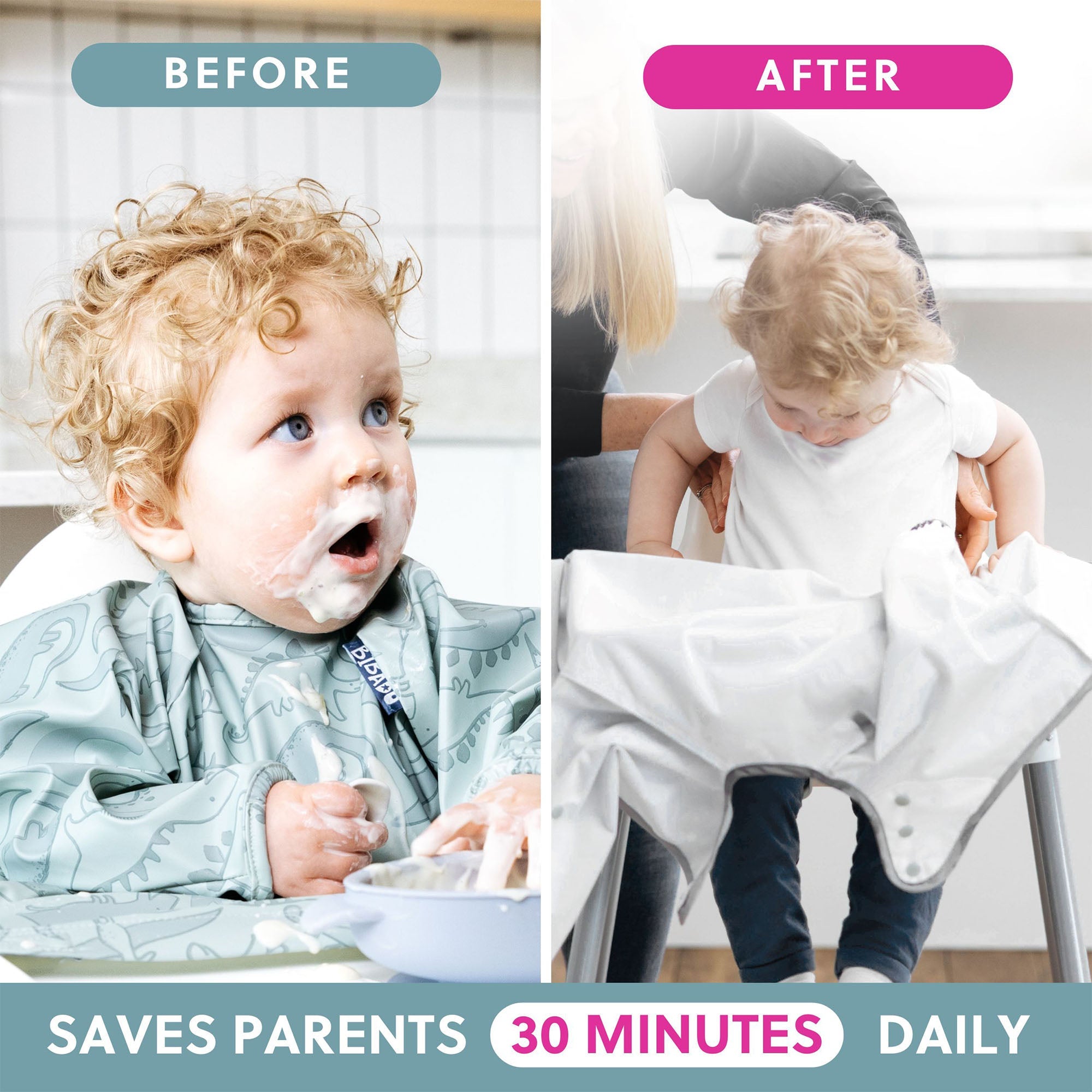 BiBaDo Stain & Water Proof Long Sleeve Coverall Shirt Weaning Bib Dino Roar Print - Grey - For Infants - BIB501R