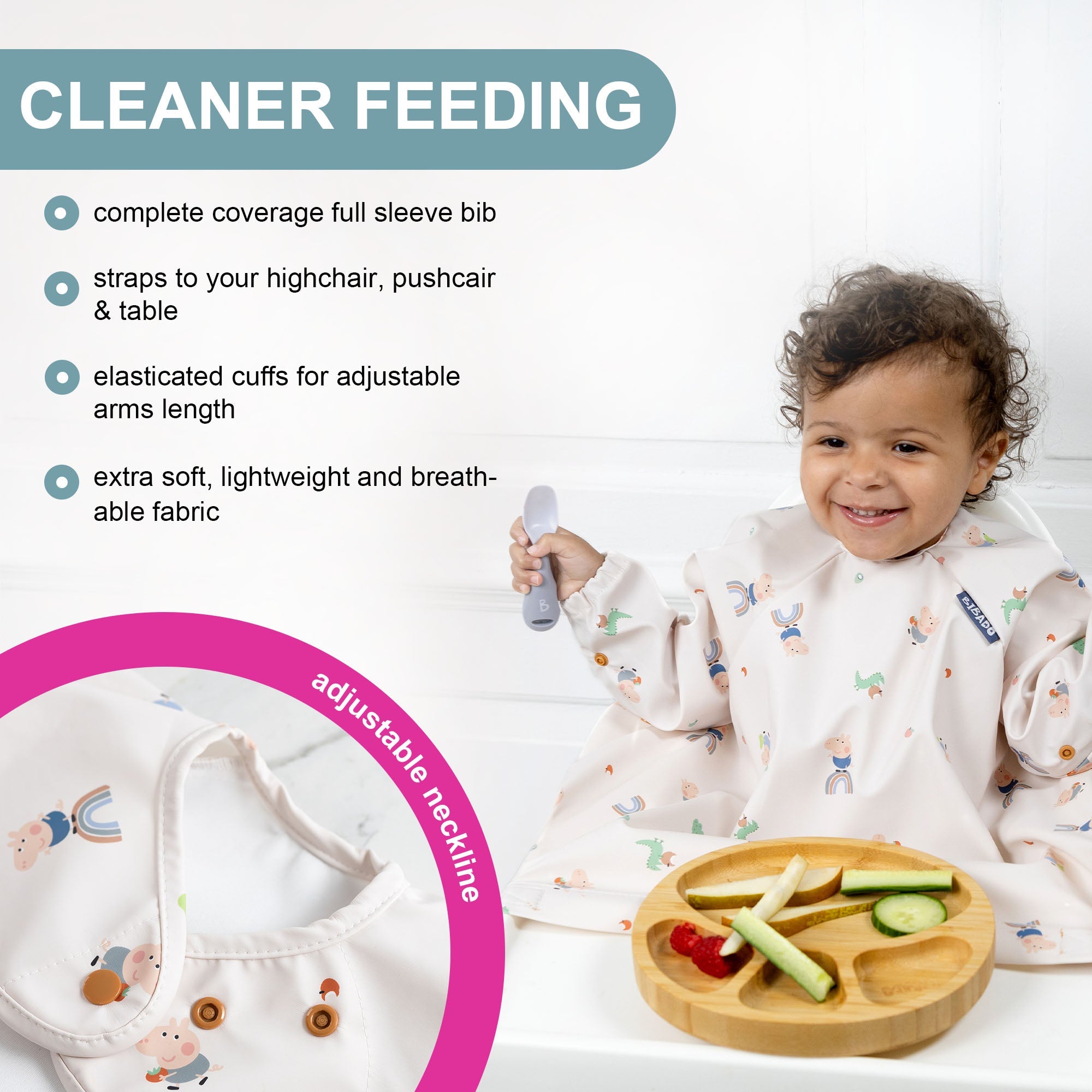 BiBaDo Stain & Water Proof Long Sleeve Coverall Shirt Weaning Bib George Pig Print - Beige - For Infants - BIB505R