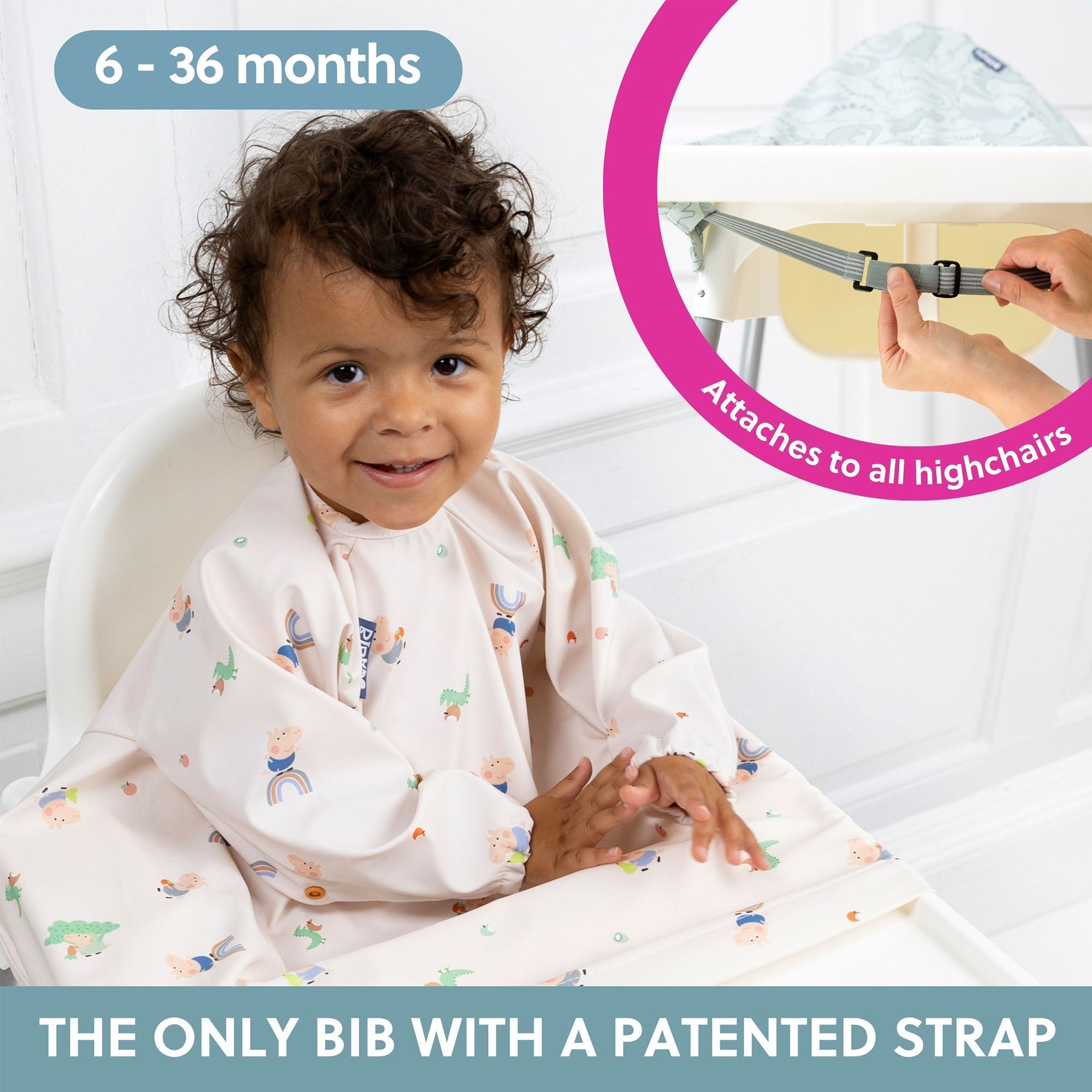 BiBaDo Stain & Water Proof Long Sleeve Coverall Shirt Weaning Bib George Pig Print - Beige - For Infants - BIB505R
