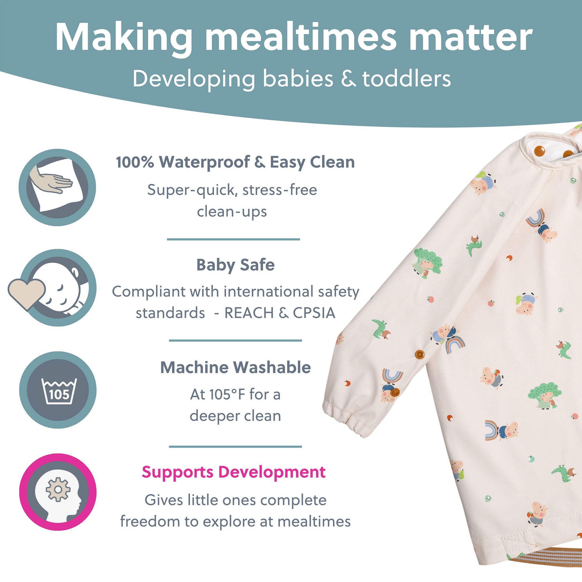 BiBaDo Stain & Water Proof Long Sleeve Coverall Shirt Weaning Bib George Pig Print - Beige - For Infants - BIB505R
