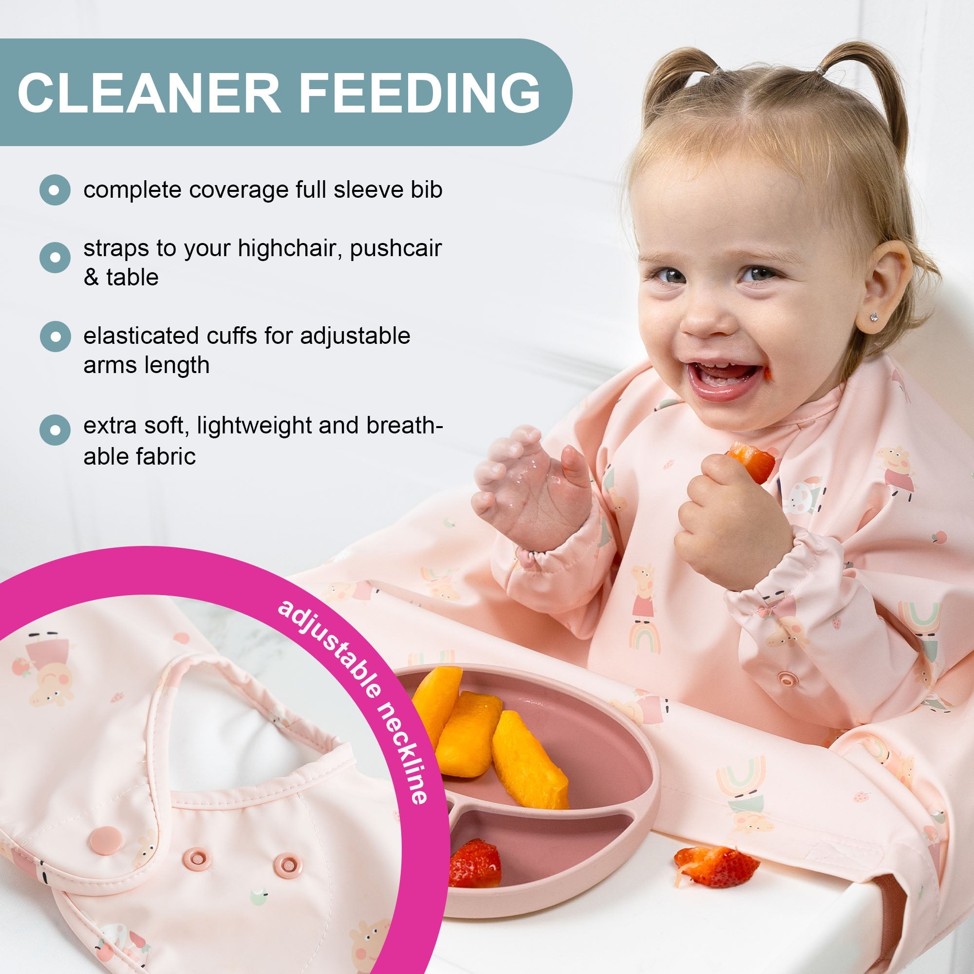 BiBaDo Stain & Water Proof Long Sleeve Coverall Shirt Weaning Bib Peppa Pig Print - Pink - For Infants - BIB504R