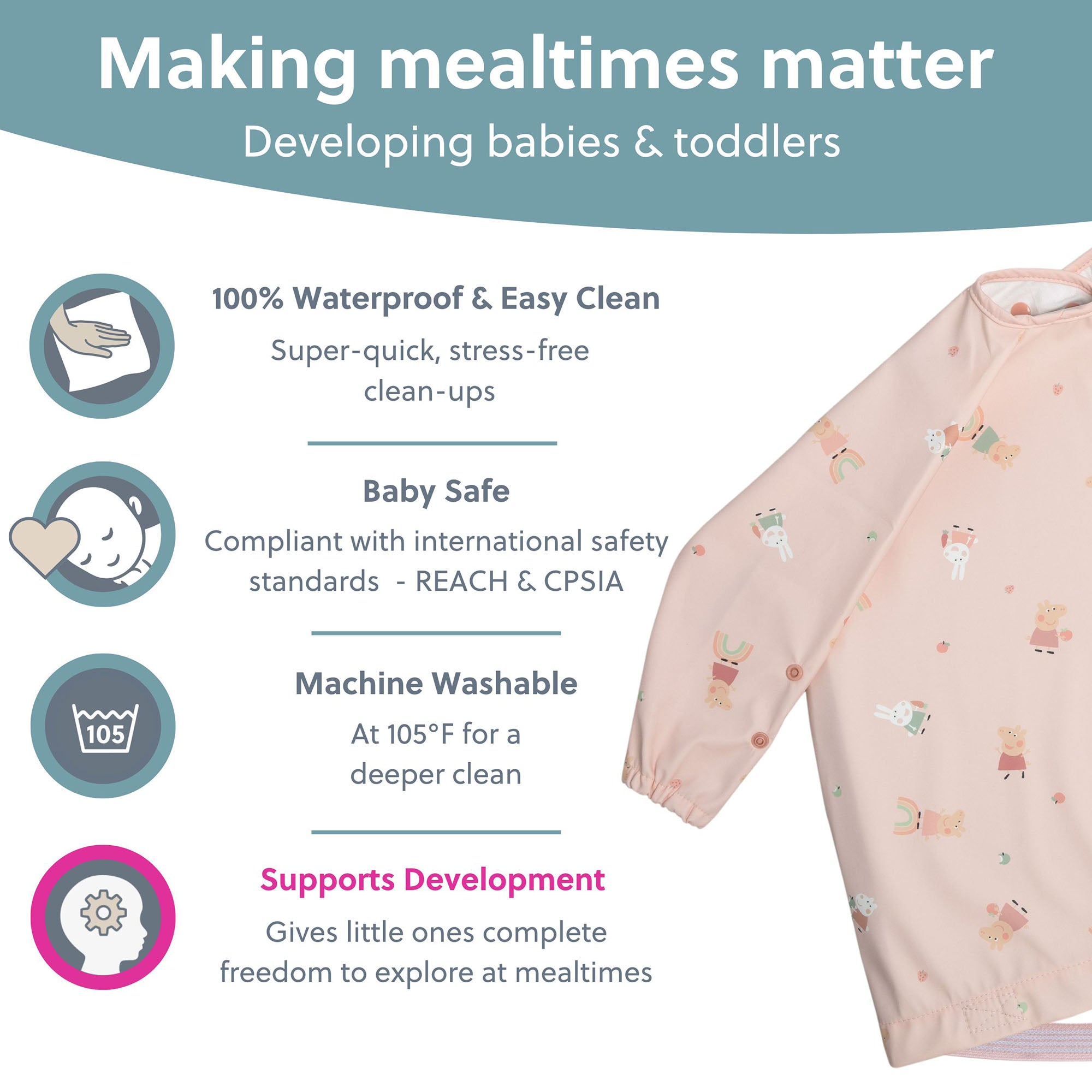 BiBaDo Stain & Water Proof Long Sleeve Coverall Shirt Weaning Bib Peppa Pig Print - Pink - For Infants - BIB504R