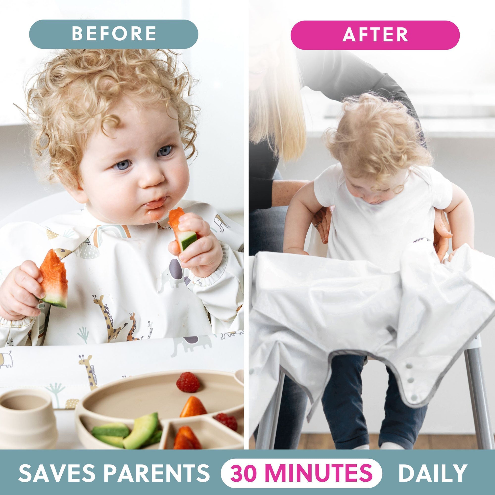 BiBaDo Stain & Water Proof Long Sleeve Coverall Shirt Weaning Bib Serengeti Spaghetti Print - White - For Infants - BIB500R