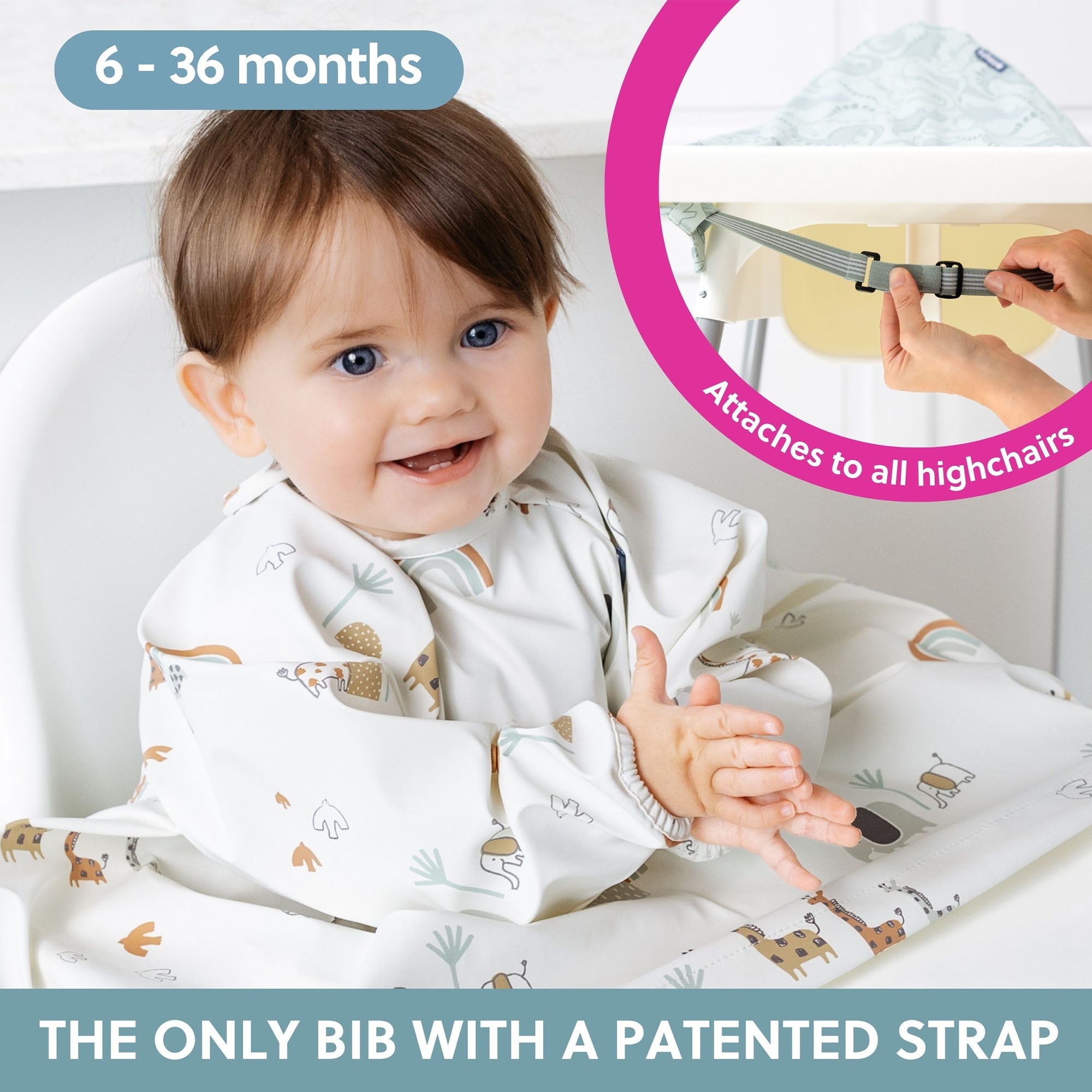 BiBaDo Stain & Water Proof Long Sleeve Coverall Shirt Weaning Bib Serengeti Spaghetti Print - White - For Infants - BIB500R