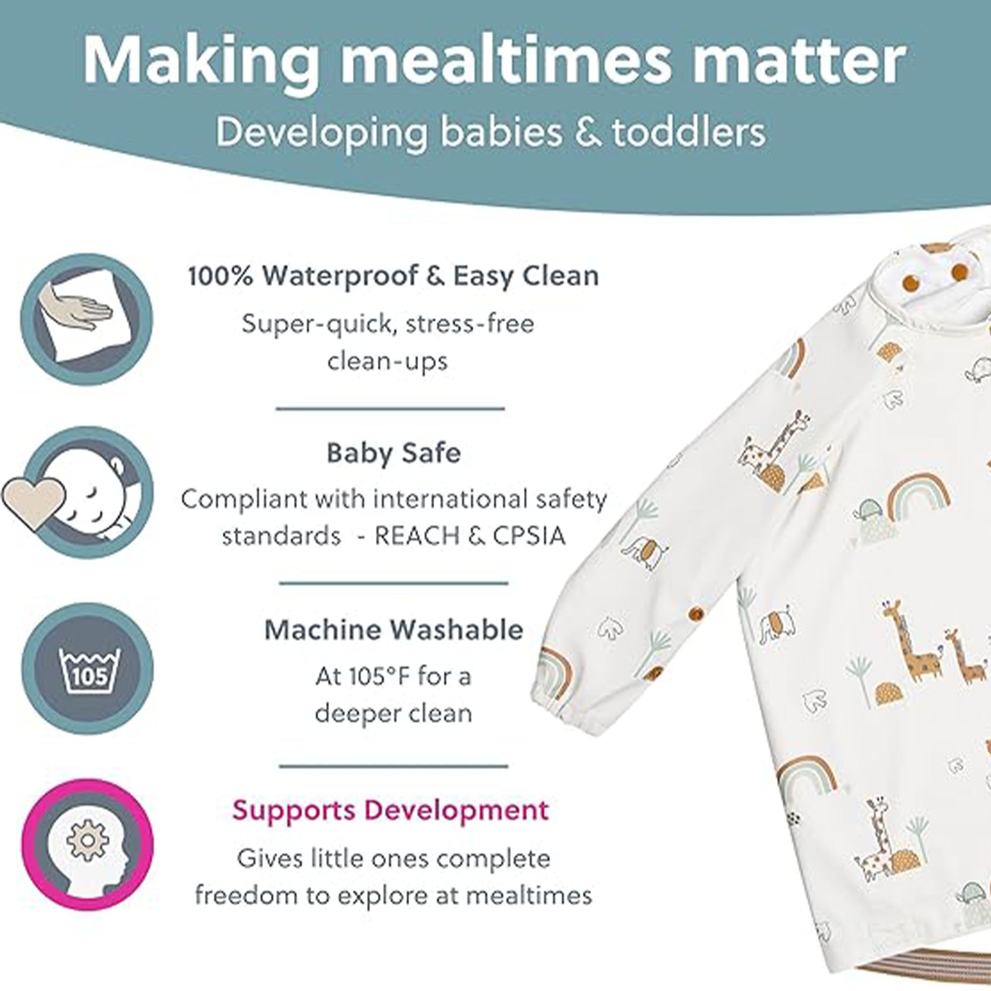BiBaDo Stain & Water Proof Long Sleeve Coverall Shirt Weaning Bib Serengeti Spaghetti Print - White - For Infants - BIB500R