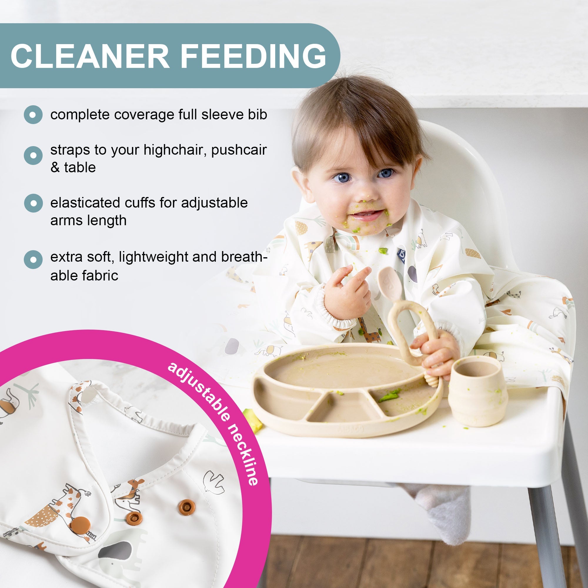 BiBaDo Stain & Water Proof Long Sleeve Coverall Shirt Weaning Bib Serengeti Spaghetti Print - White - For Infants - BIB500R