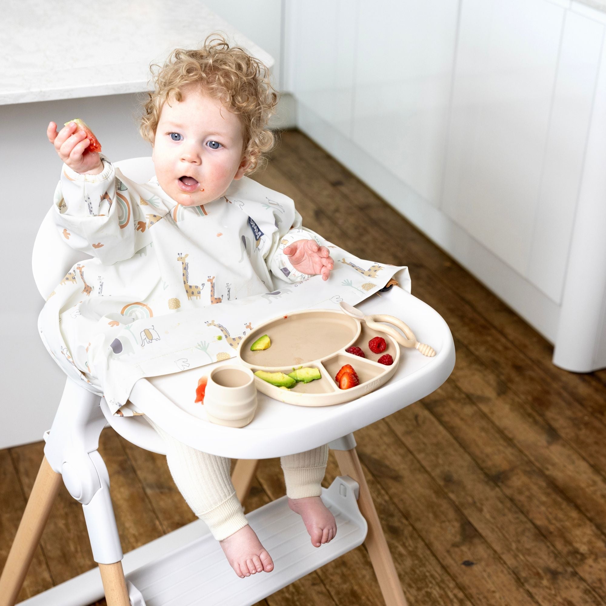 BiBaDo Stain & Water Proof Long Sleeve Coverall Shirt Weaning Bib Serengeti Spaghetti Print - White - For Infants - BIB500R