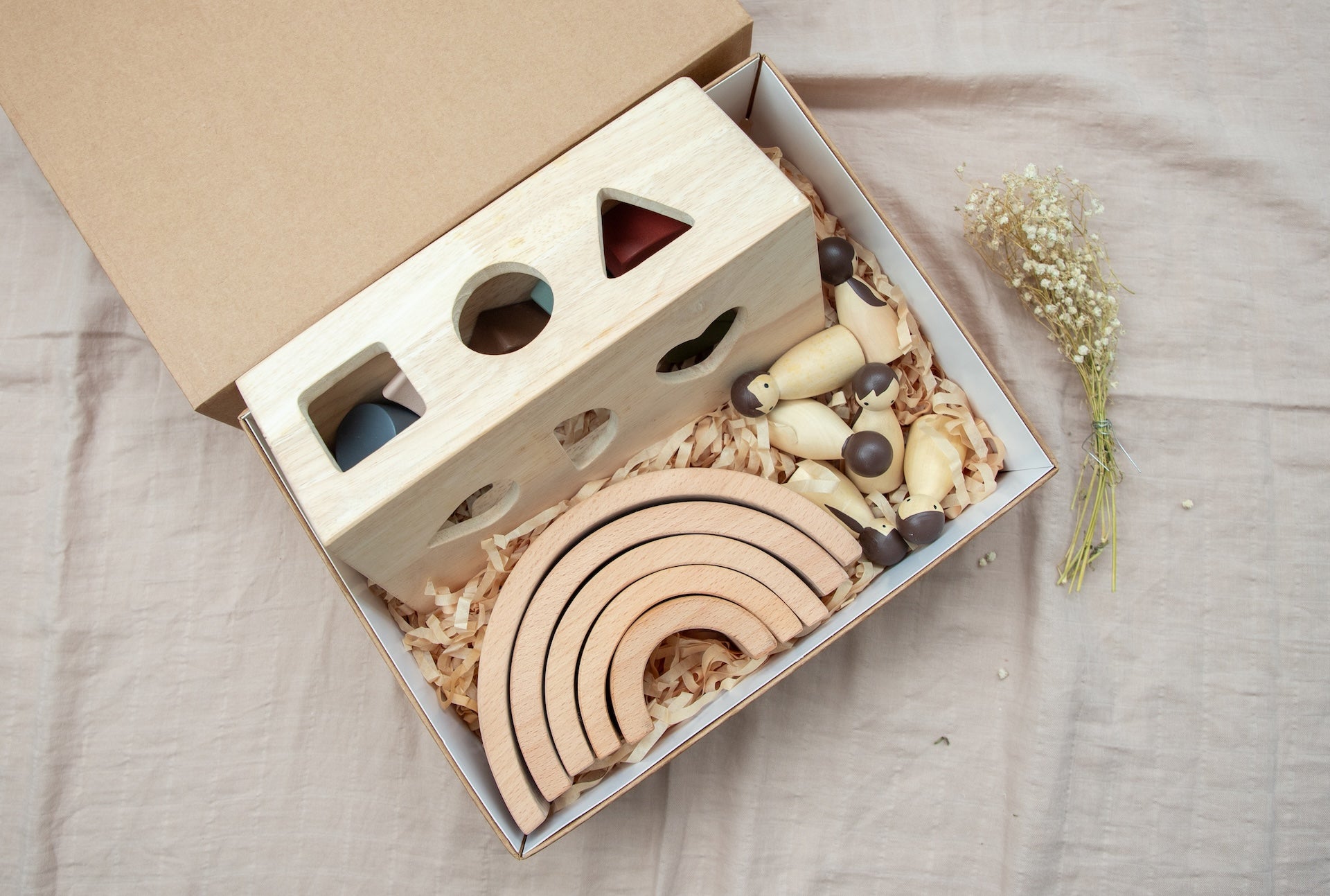 Birch & Bug Montessori Starter Gift Box – Wooden Puzzle Box | Rainbow Stacker | Birch Folk Peg Dolls - Gift Box