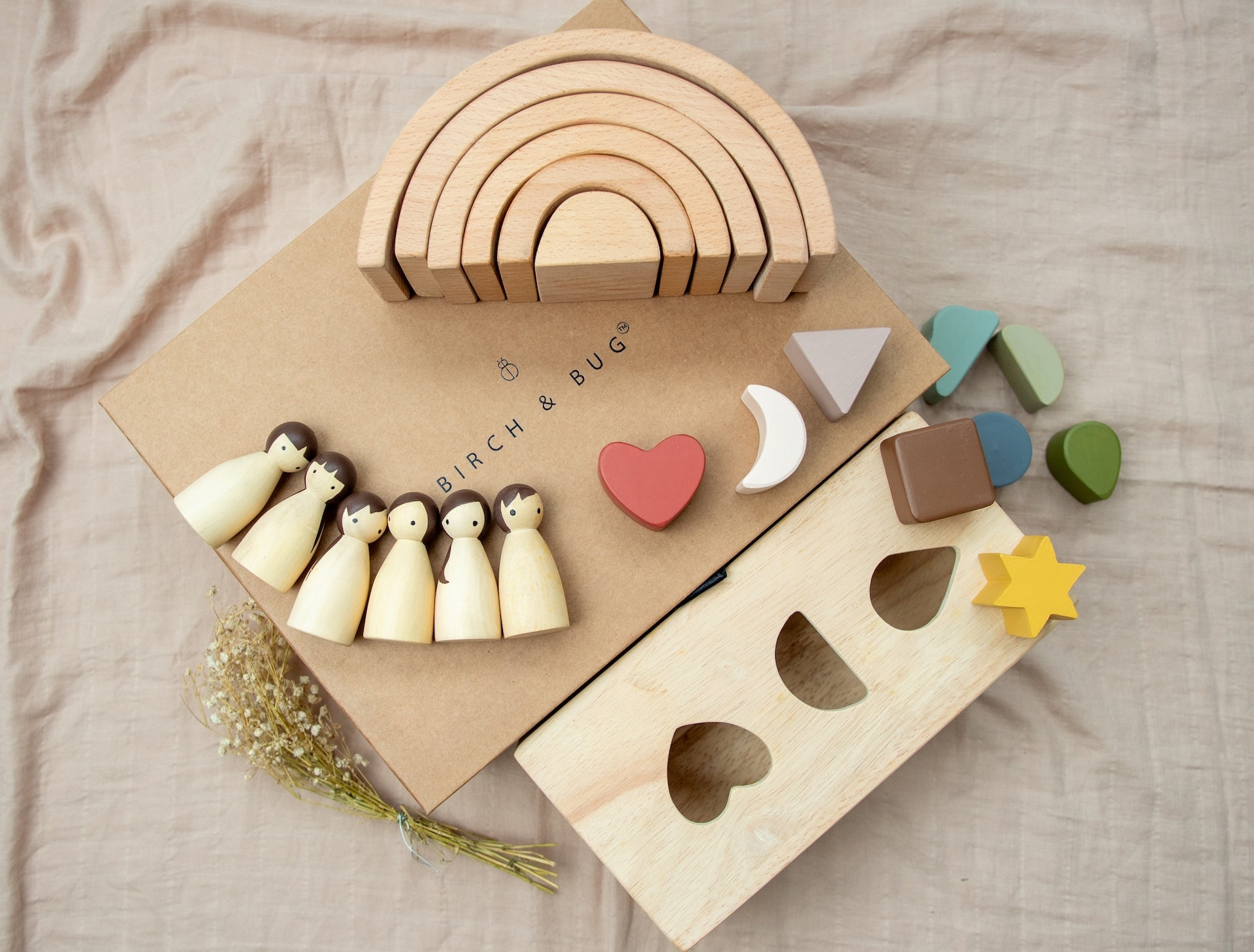 Birch & Bug Montessori Starter Gift Box – Wooden Puzzle Box | Rainbow Stacker | Birch Folk Peg Dolls - Gift Box