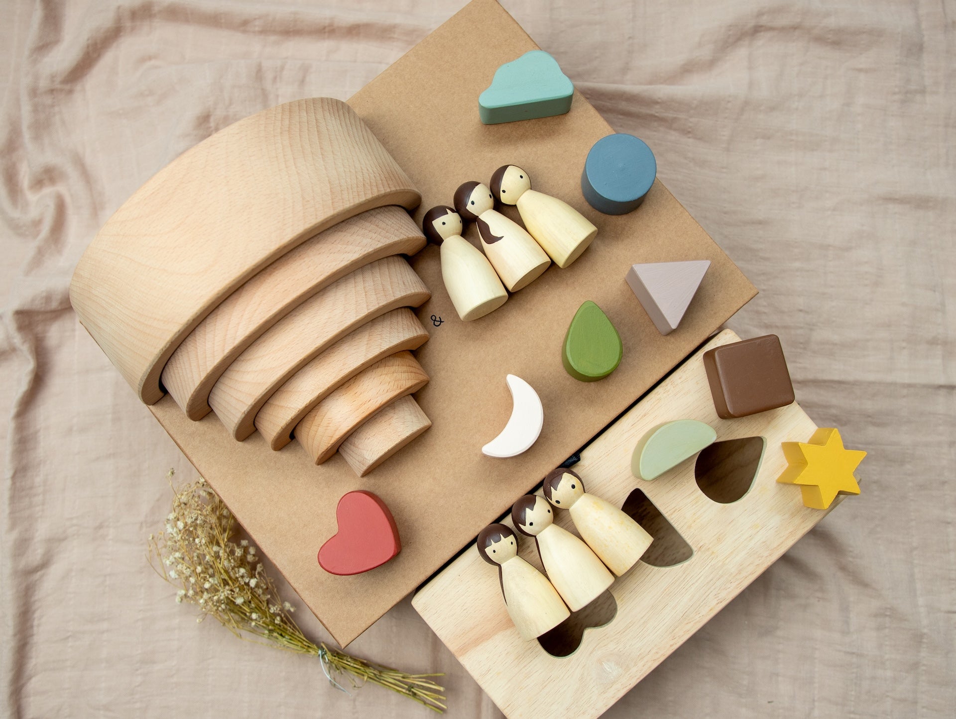 Birch & Bug Montessori Starter Gift Box – Wooden Puzzle Box | Rainbow Stacker | Birch Folk Peg Dolls - Gift Box