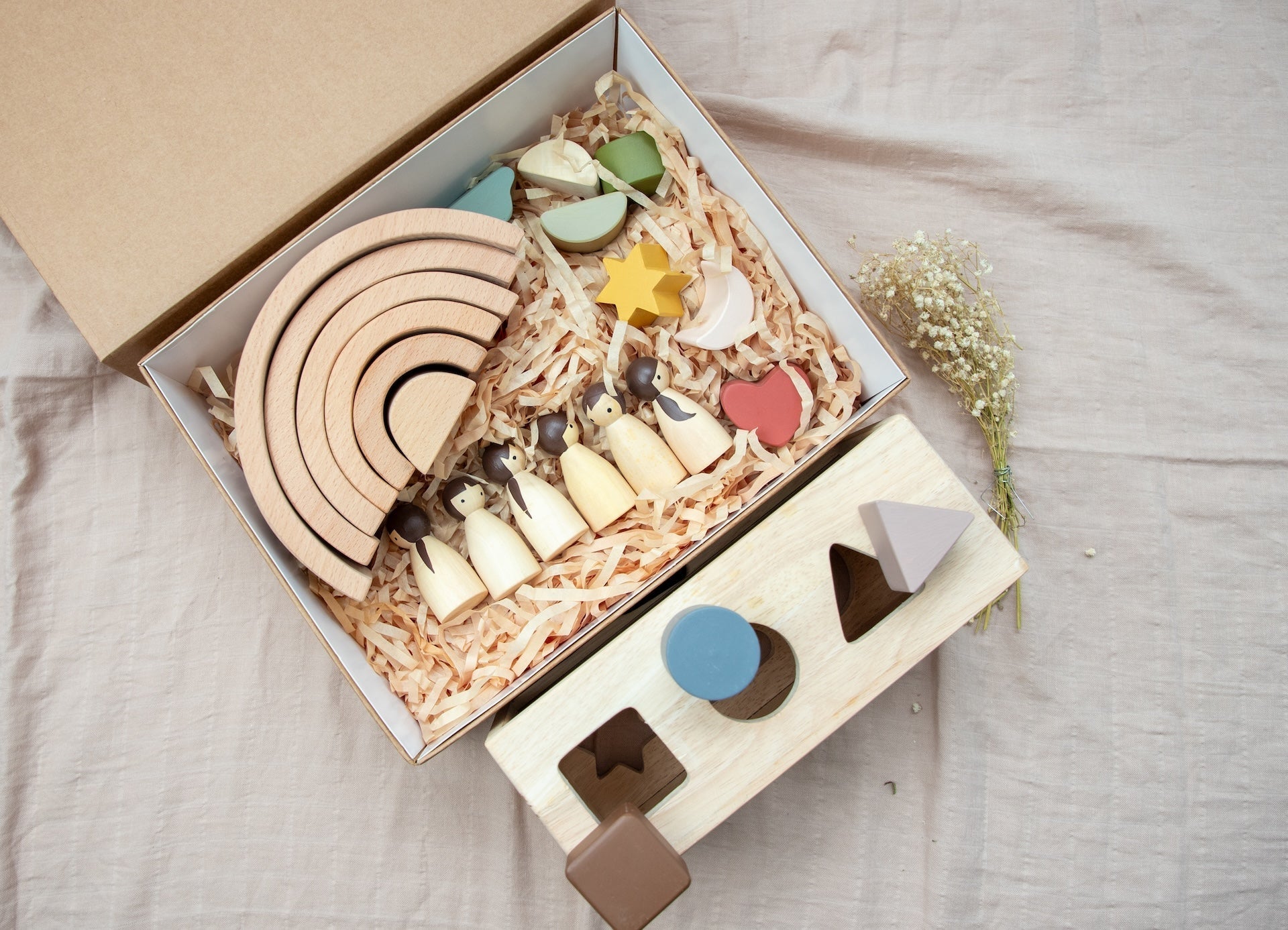 Birch & Bug Montessori Starter Gift Box – Wooden Puzzle Box | Rainbow Stacker | Birch Folk Peg Dolls - Gift Box