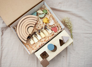 Birch & Bug Montessori Starter Gift Box – Wooden Puzzle Box | Rainbow Stacker | Birch Folk Peg Dolls - Gift Box
