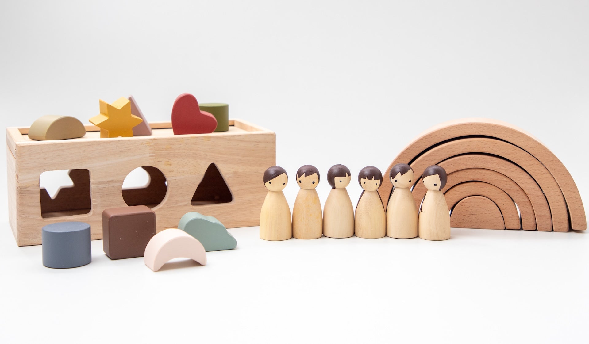 Birch & Bug Montessori Starter Gift Box – Wooden Puzzle Box | Rainbow Stacker | Birch Folk Peg Dolls - Gift Box