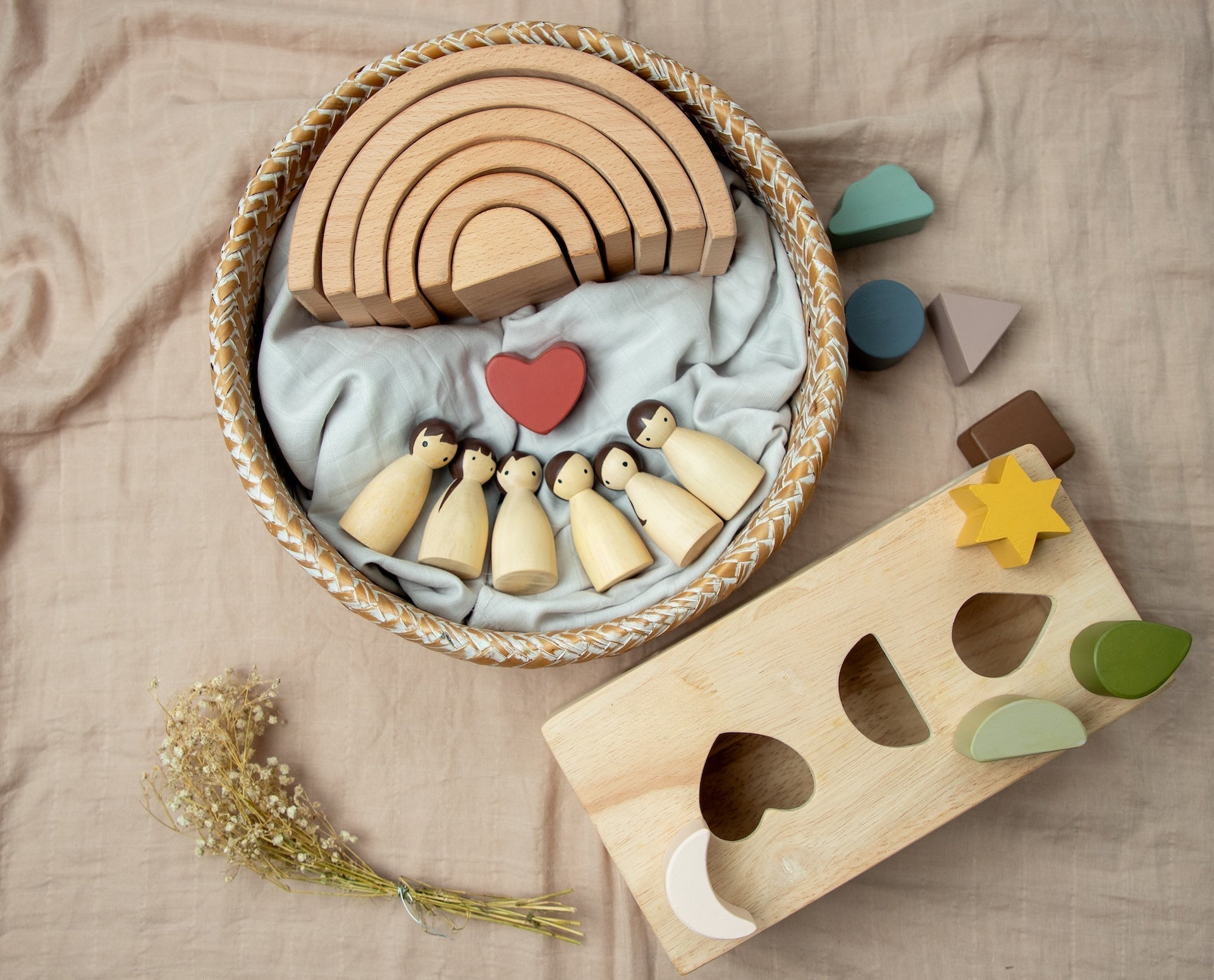 Birch & Bug Montessori Starter Gift Box – Wooden Puzzle Box | Rainbow Stacker | Birch Folk Peg Dolls - Gift Box
