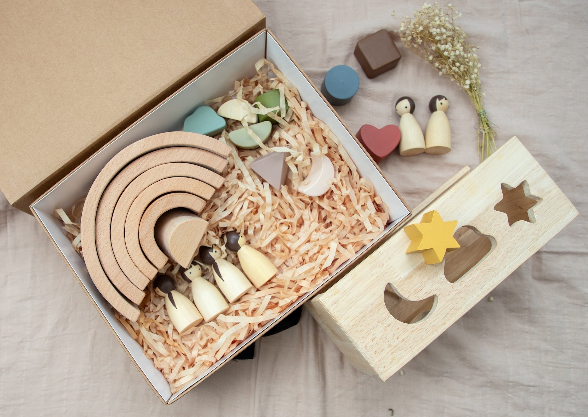 Birch & Bug Montessori Starter Gift Box – Wooden Puzzle Box | Rainbow Stacker | Birch Folk Peg Dolls - Gift Box