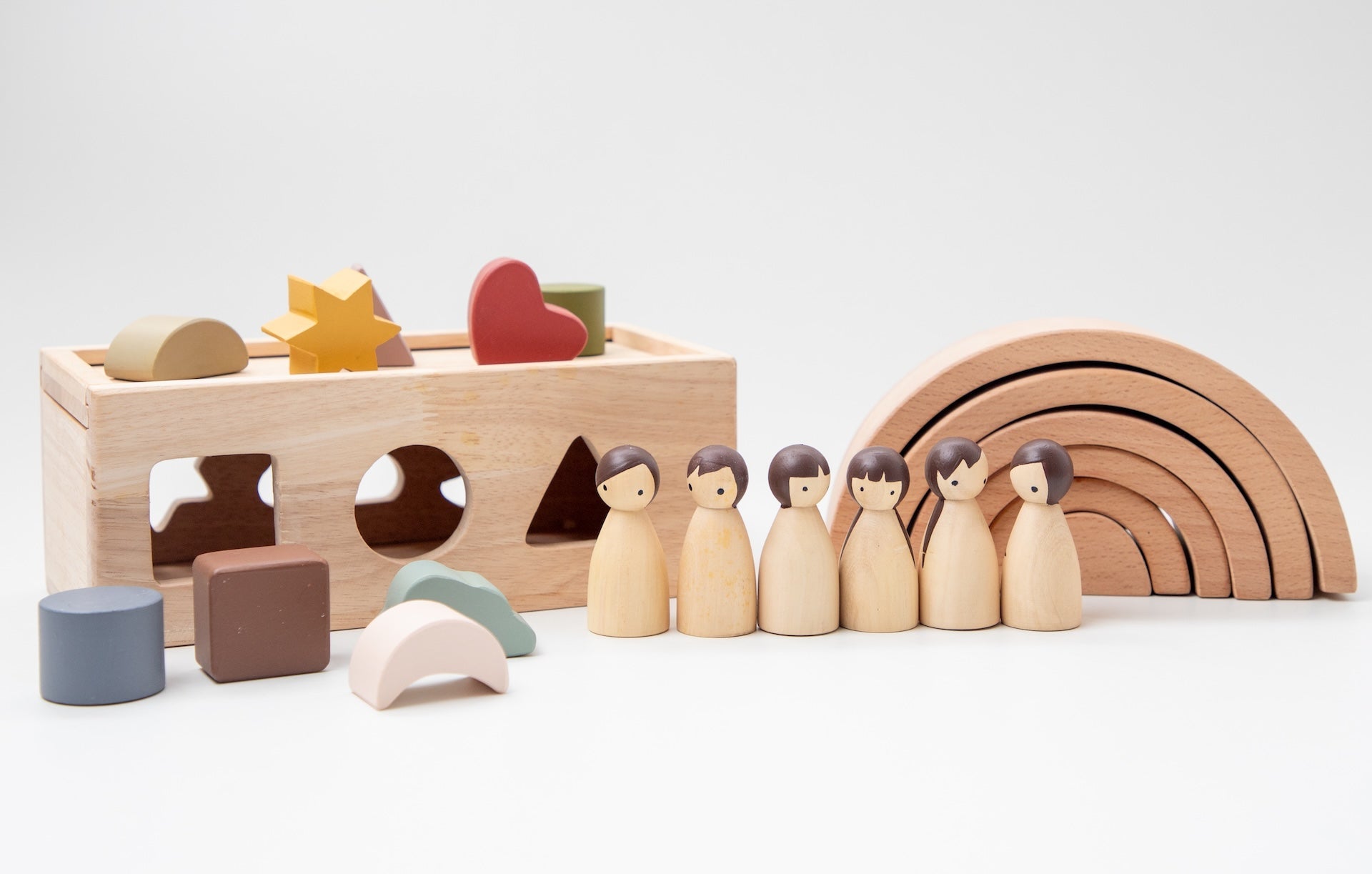 Birch & Bug Montessori Starter Gift Box – Wooden Puzzle Box | Rainbow Stacker | Birch Folk Peg Dolls - Gift Box