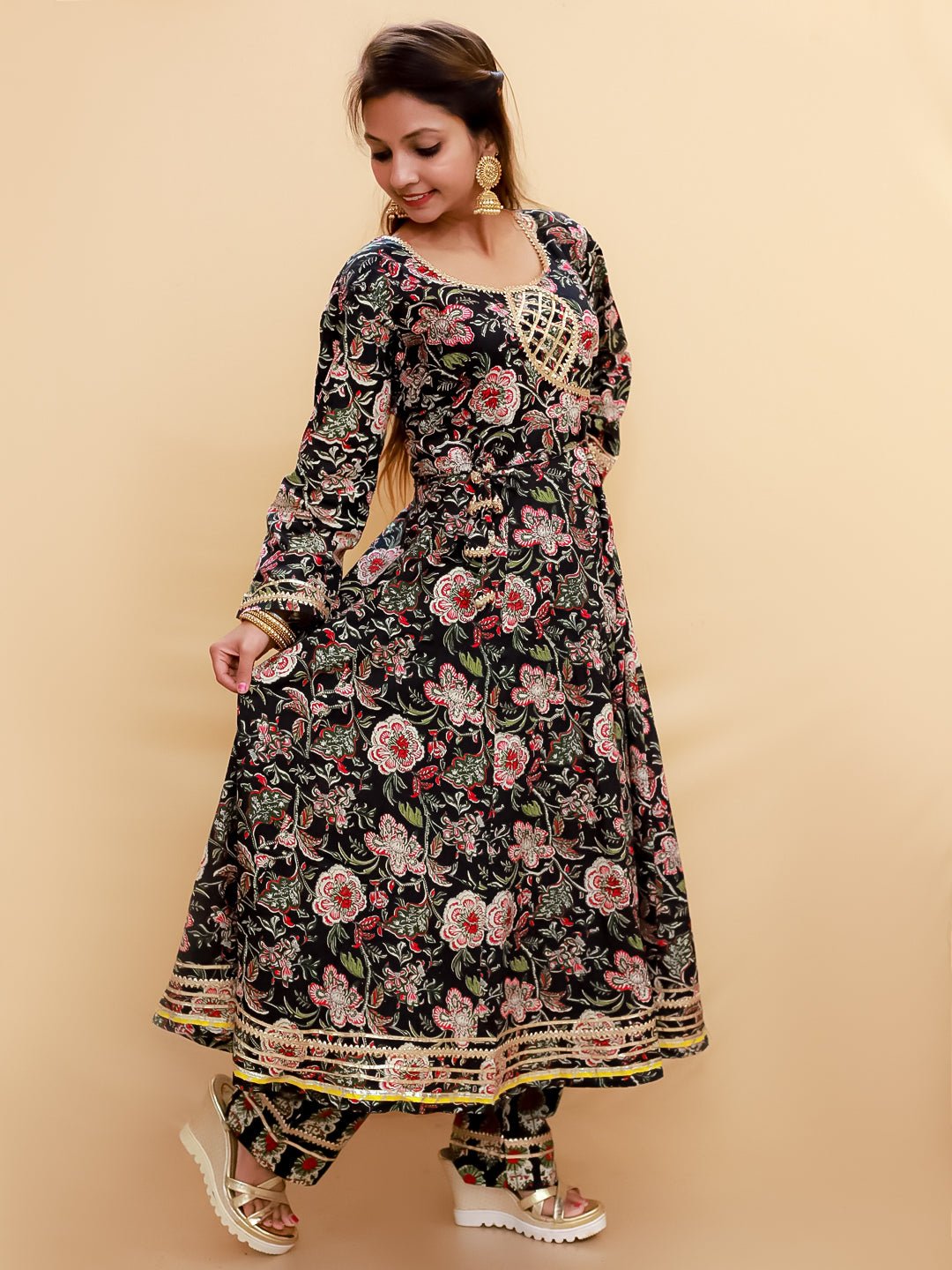 Black Block Print Anarkali Kurta Set - MEW - SC - BKBL - S