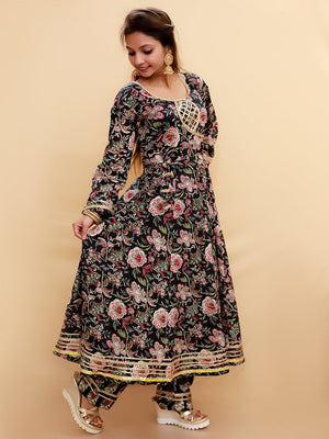 Black Block Print Anarkali Kurta Set - MEW - SC - BKBL - S
