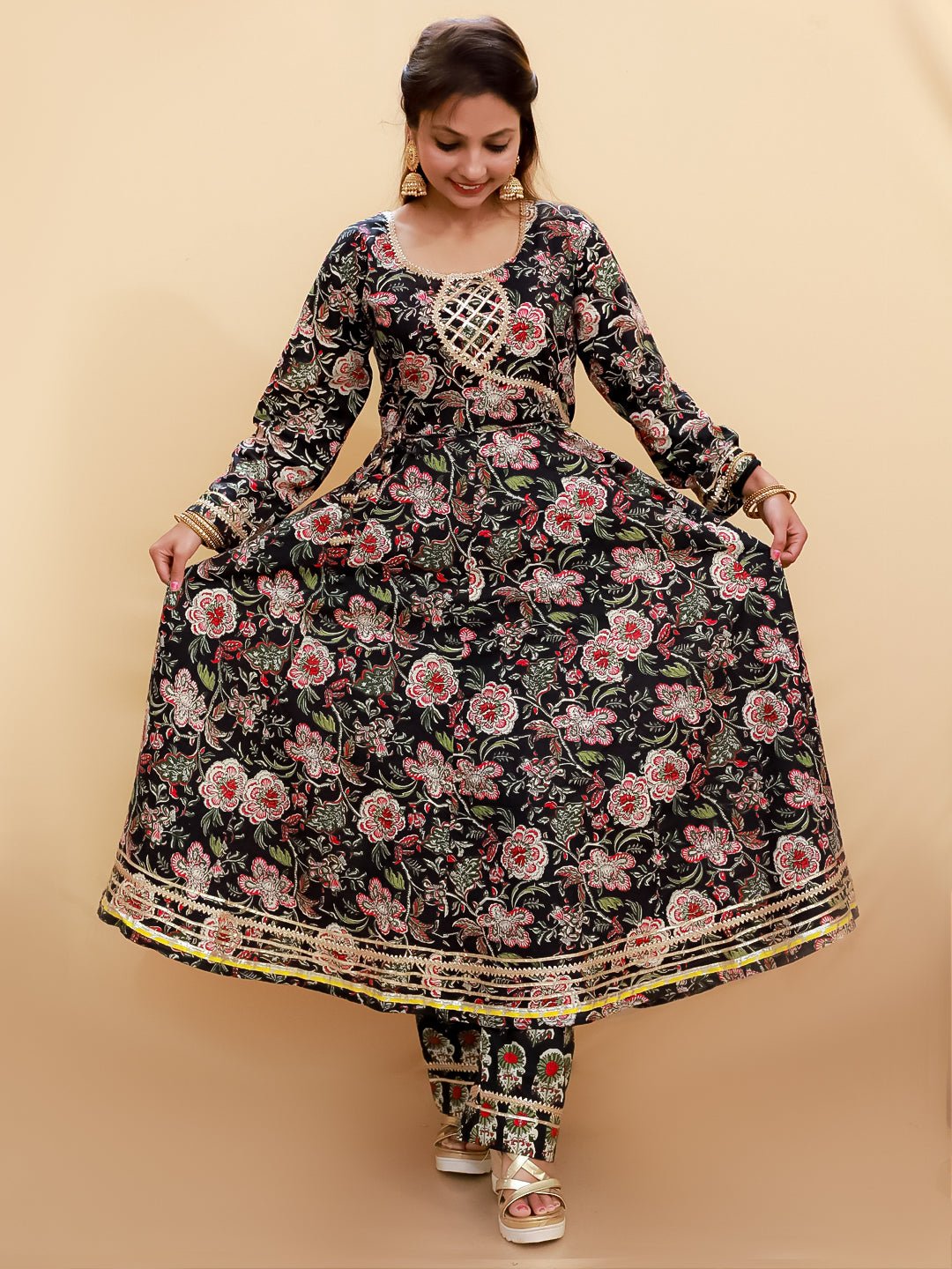 Black Block Print Anarkali Kurta Set - MEW - SC - BKBL - S