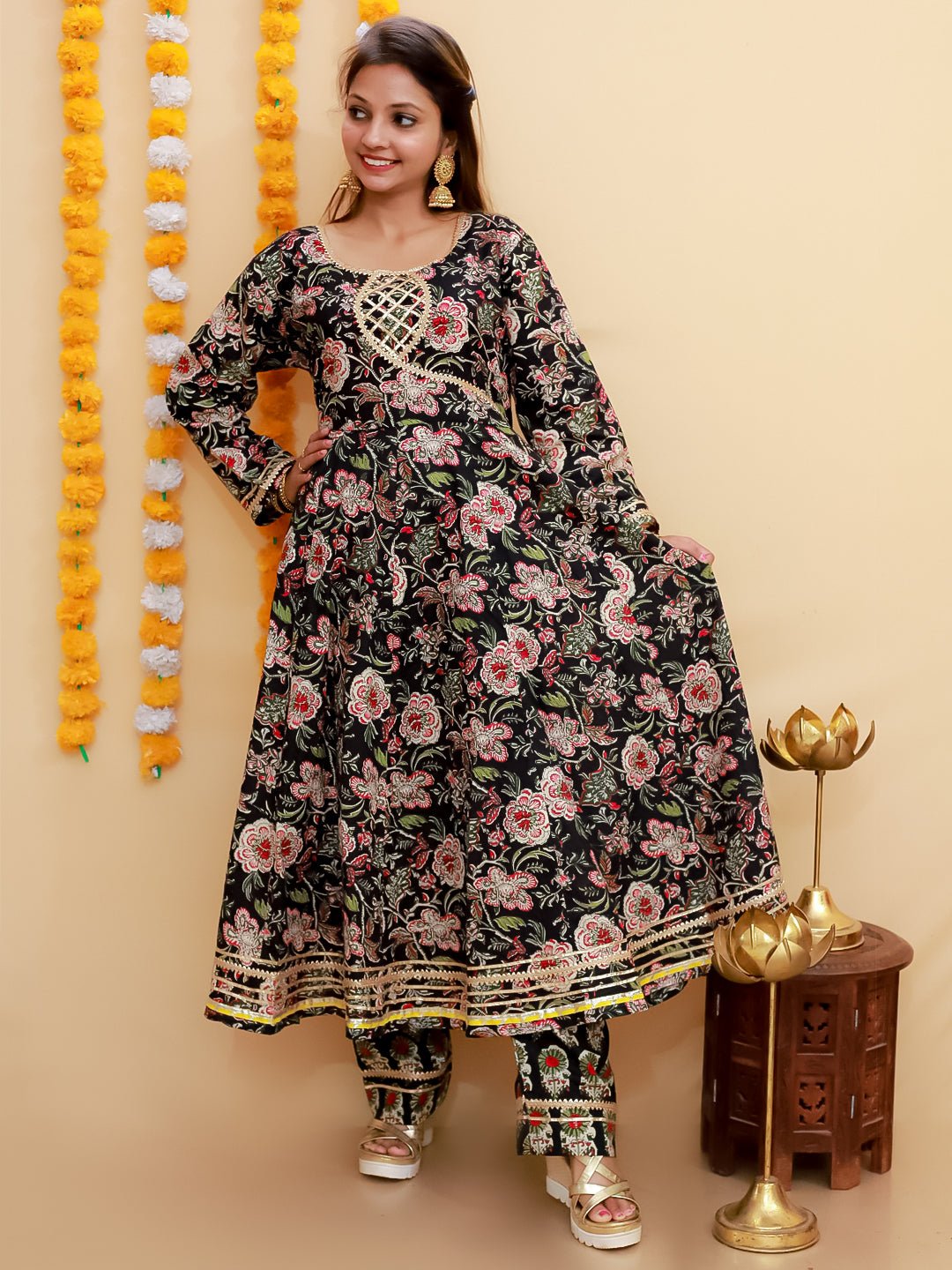 Black Block Print Anarkali Kurta Set - MEW - SC - BKBL - S