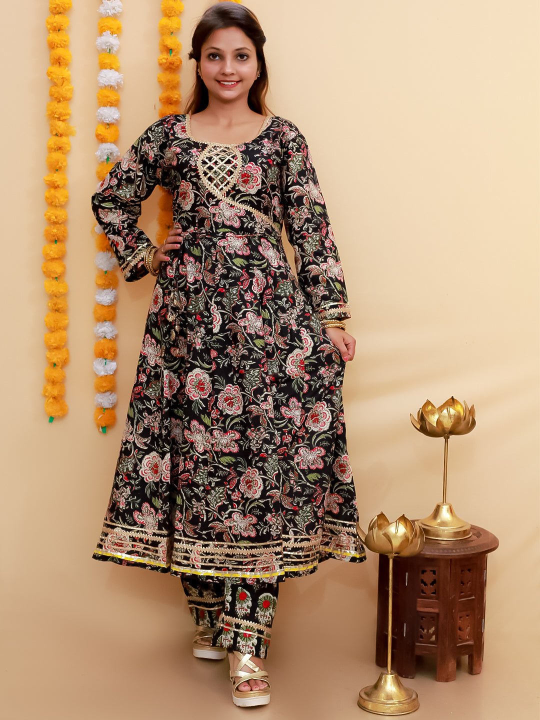 Black Block Print Anarkali Kurta Set - MEW - SC - BKBL - S