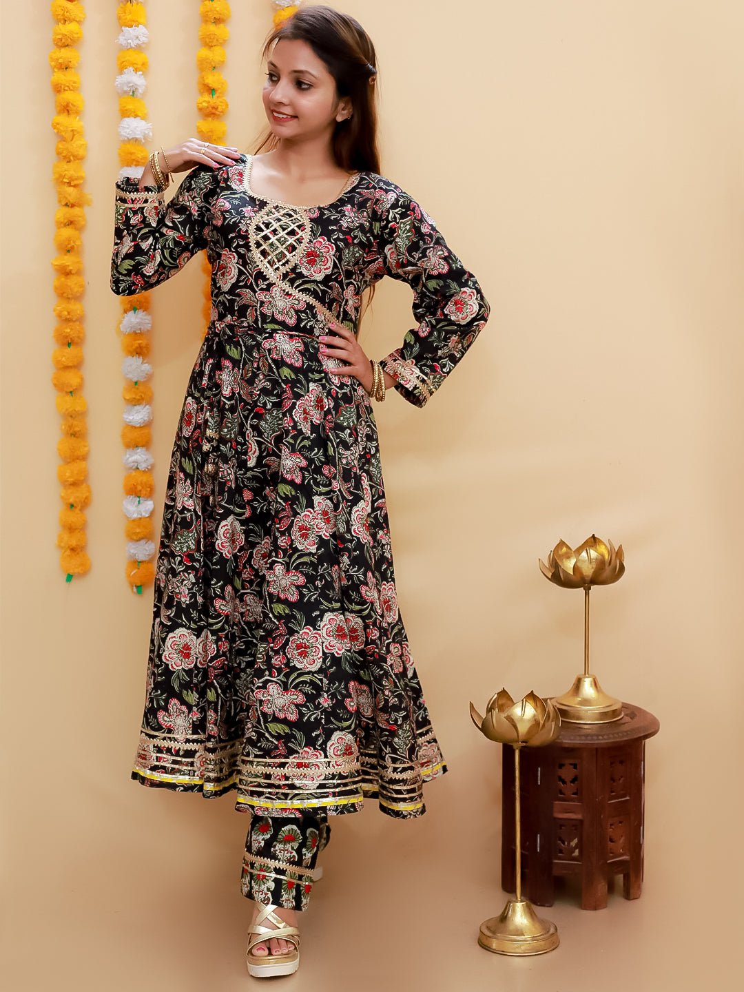 Black Block Print Anarkali Kurta Set - MEW - SC - BKBL - S
