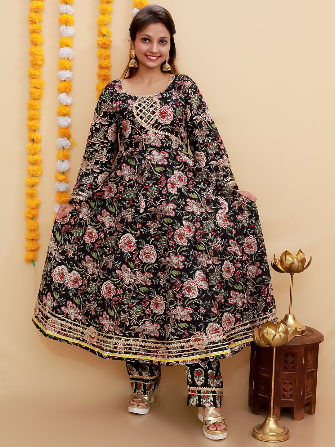 Black Block Print Anarkali Kurta Set - MEW - SC - BKBL - S
