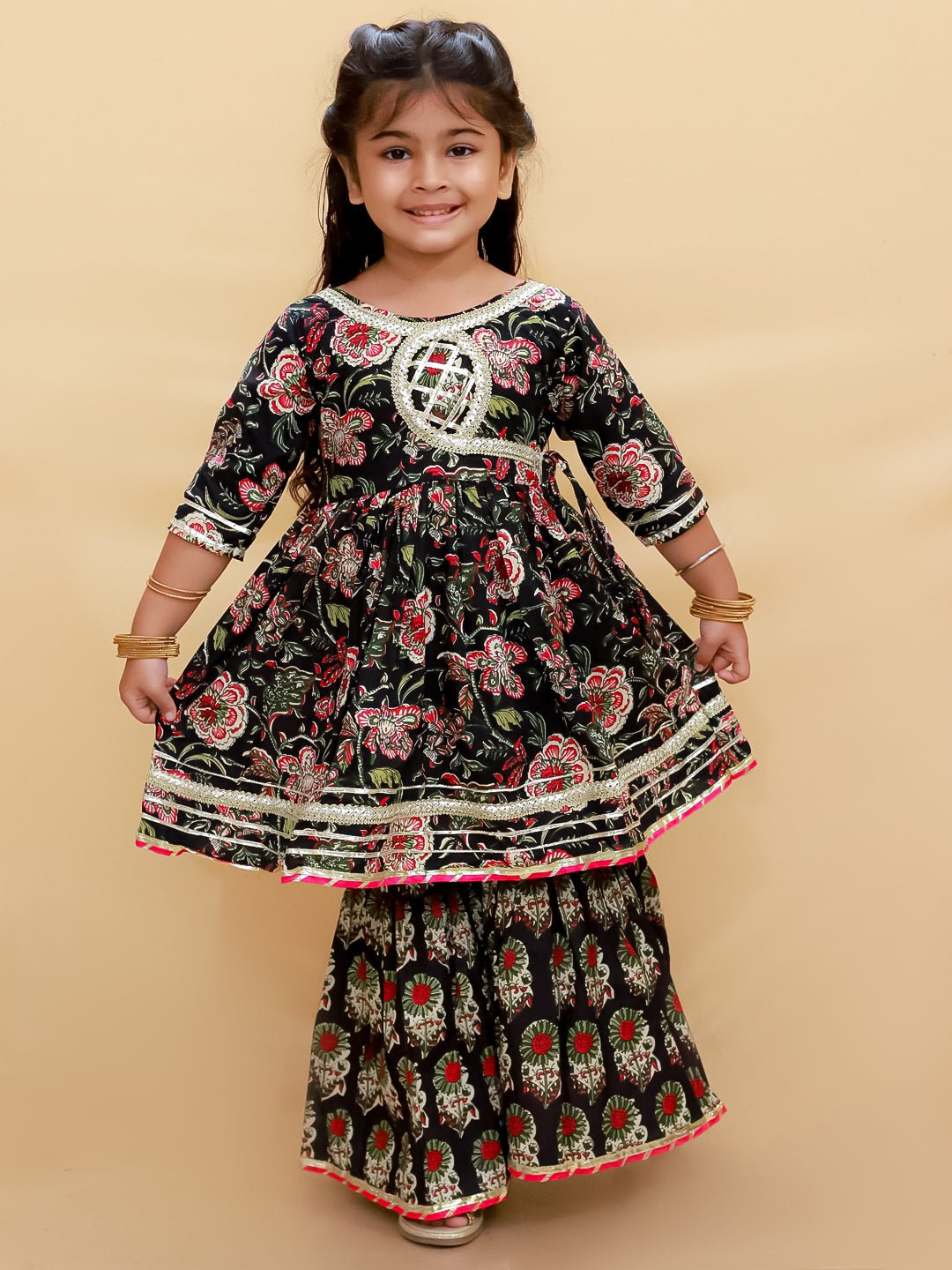 Black Block Print Girls Anarkali Sharara Set - KES - SC - BBLOG - 0 - 6