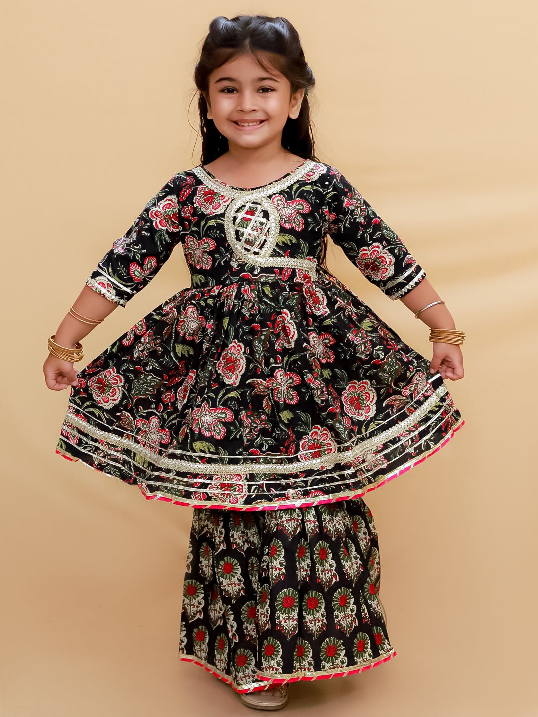 Black Block Print Girls Anarkali Sharara Set - KES - SC - BBLOG - 0 - 6