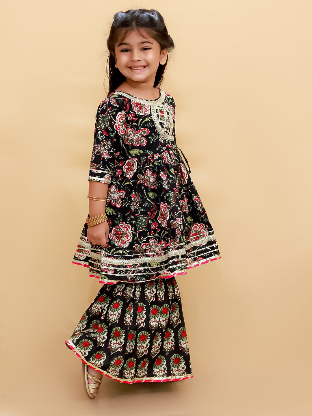 Black Block Print Girls Anarkali Sharara Set - KES - SC - BBLOG - 0 - 6
