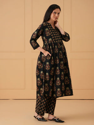 Black Bloom Maternity and Nursing Kurta Set With Dupatta - S Maternity Ethnic Set