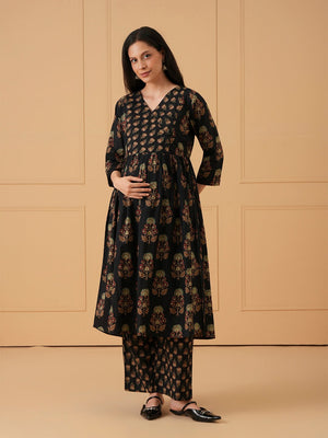 Black Bloom Maternity and Nursing Kurta Set With Dupatta - S Maternity Ethnic Set