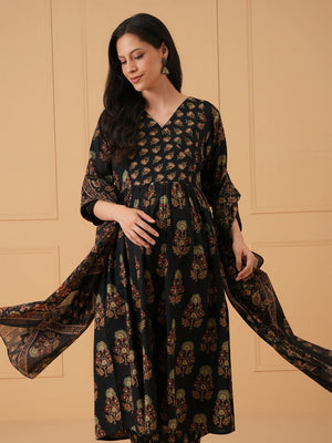 Black Bloom Maternity and Nursing Kurta Set With Dupatta - S Maternity Ethnic Set