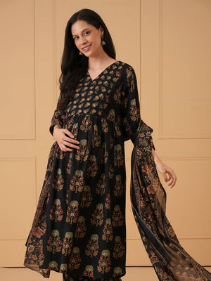 Black Bloom Maternity and Nursing Kurta Set With Dupatta - S Maternity Ethnic Set