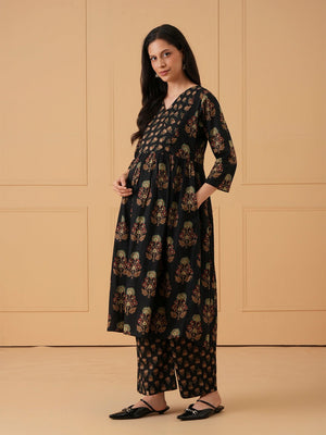 Black Bloom Maternity and Nursing Kurta Set With Dupatta - S Maternity Ethnic Set