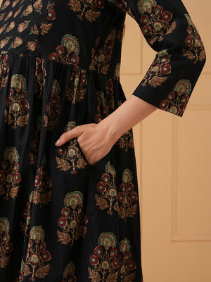 Black Bloom Maternity and Nursing Kurta Set With Dupatta - S Maternity Ethnic Set