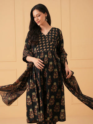 Black Bloom Maternity and Nursing Kurta Set With Dupatta - S Maternity Ethnic Set