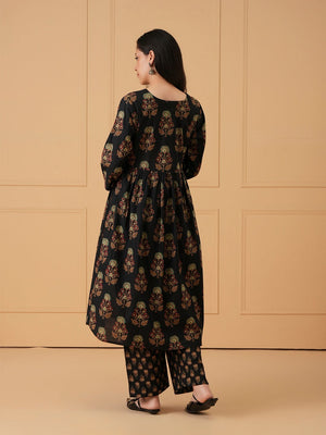 Black Bloom Maternity and Nursing Kurta Set With Dupatta - S Maternity Ethnic Set