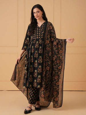 Black Bloom Maternity and Nursing Kurta Set With Dupatta - S Maternity Ethnic Set