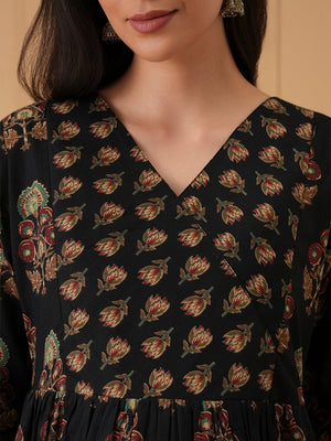 Black Bloom Maternity and Nursing Kurta Set With Dupatta - S Maternity Ethnic Set
