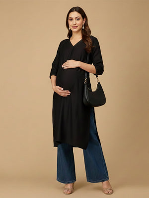 Black Embroidered Maternity and Nursing Silk Kurta - S Maternity Ethnic Wear