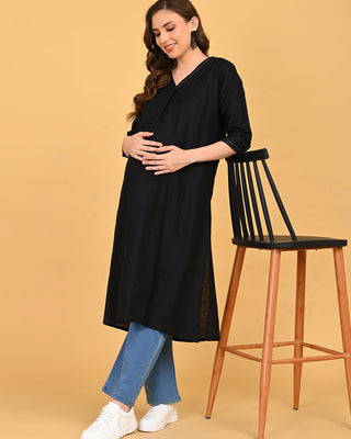 Full-length view of black embroidered maternity and nursing silk kurta with relaxed straight silhouette.