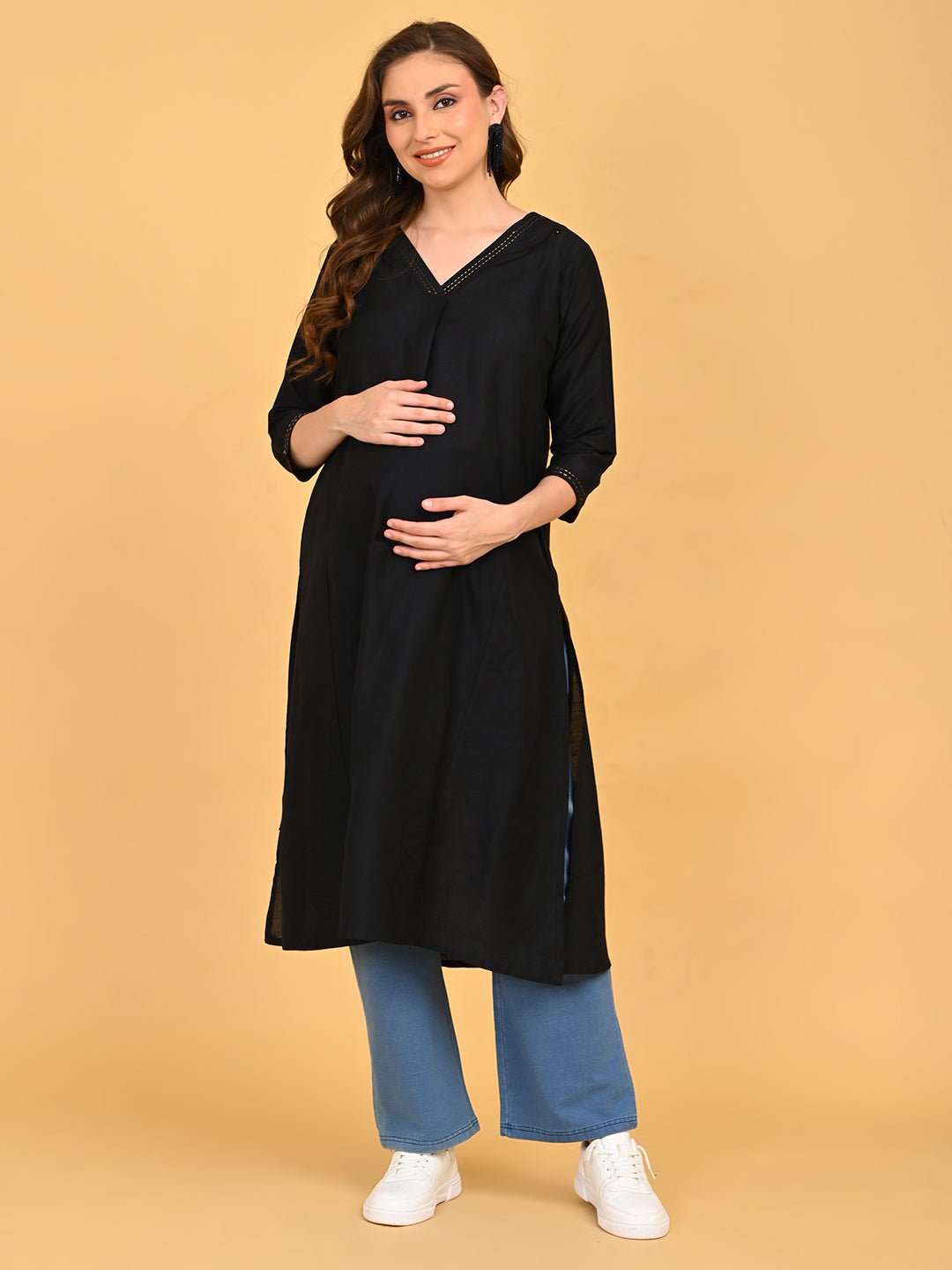 Front view of black maternity and nursing silk kurta with three-quarter sleeves and relaxed silhouette.